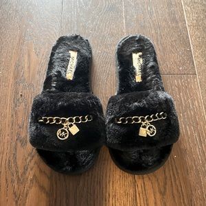 Michael Kors furry flats slipper with gold chain details